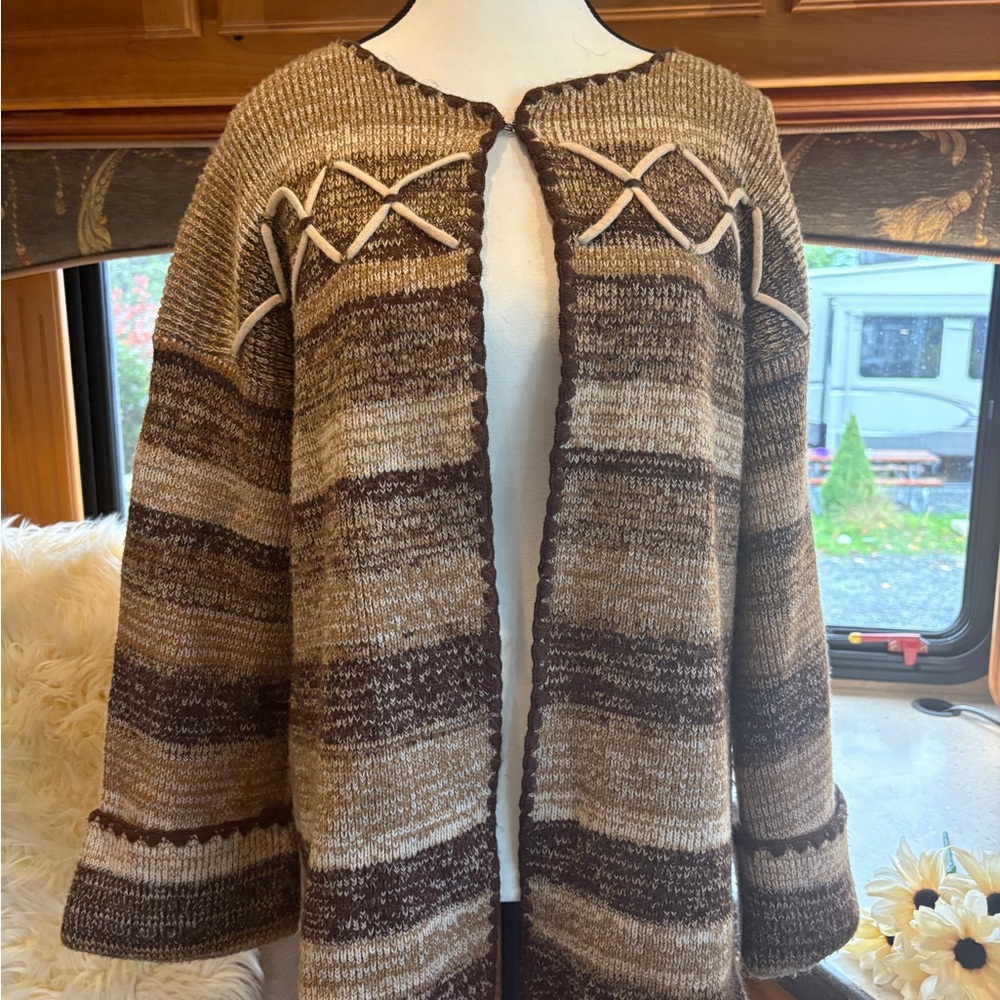 Hand knit Artisan Striped Brown and Cream Women's Cardigan